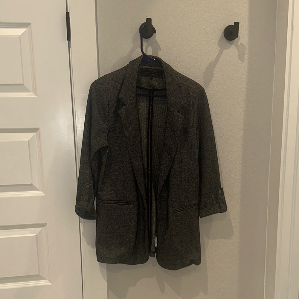 EUC Women’s Herringbone Print Black Gray Blazer Jacket Coat Size L Large STOOSH